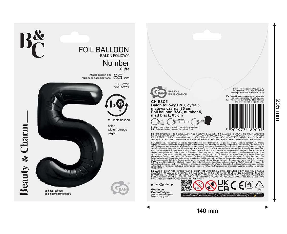 Balon foliowy B&C, cyfra 5, matowa czarna, 85 cm